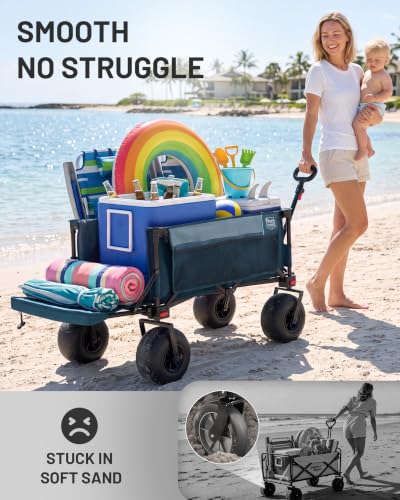 Image of TIMBER RIDGE Beach Wagon with Balloon Wheels& All-Terrain Wheels, Tailgate | 300 lbs Heavy Duty Foldable Wagon for Sand Camping Sports，47 inch L Beach Cart with 9 inch Big Sand-Proof Wheels