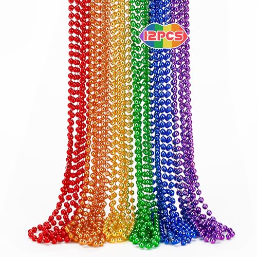 EOBOH 12PCS Pride Accessories, Pride LGBTQ Beads Necklace Stuff, Metallic 6 Kinds of Rainbow Necklace Bulk, Gay Lesbian LGBT Costumes Decorations for Pride Month Parade Throws Party Favors