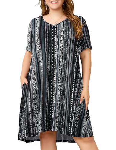 Image of OVERWORETY Womens Short Sleeve Plus Size T-Shirt Dress V Neck Casual Loose Swing A-Line Summer Tunic Dresses with Pockets