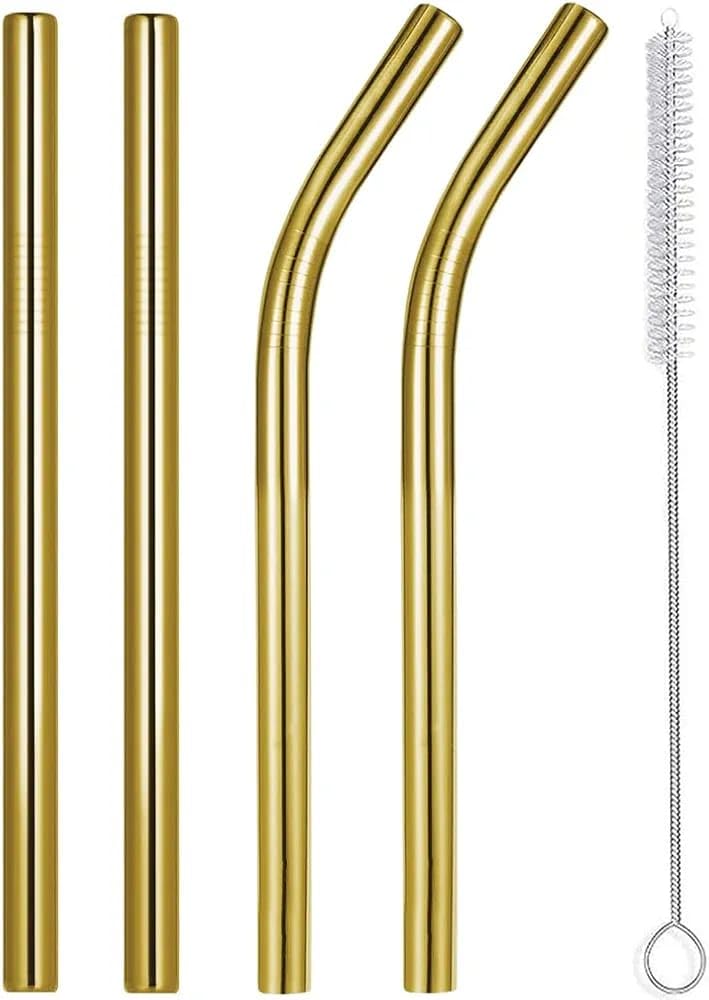 Steel Golden Reusable Straw Set (Pack of 5) – 2 Bent Straws, 2 Straight Straws, 1 Cleaning Brush – Eco-Friendly, Durable, and Perfect for Smoothies, Cocktails, and Beverages-image-5