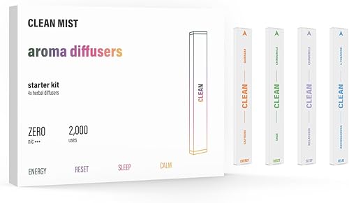 Clean Mist 4-in-1 Herbal Aroma Diffuser Set Natural Plant-Powered Aromatherapy 4 Scents for Energy, Sleep, Calm & Reset 500 Uses Per Stick