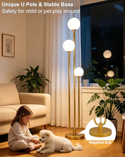 Image of Lightdot 63IN Gold Floor Lamp Dimmable 3-Lights Globe LED Floor Lamps with Bulbs Included for Wedding /Party Tall Standing Lamp with 5Lbs Heavy Base for Living Room /Bedroom /Sofa Beside /Corner Decor