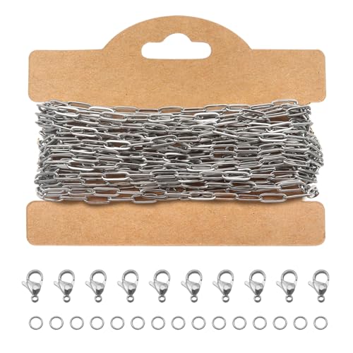 TOAOB Chaine de Trombone de 5m 3x9mm Chaîne en Acier Inoxydable Argent pour Création Bijoux avec 10pcs Fermoirs et 30pcs Anneaux Ouverts pour Fabrication De...