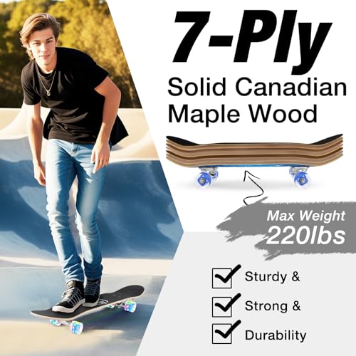 Image of BELEEV Skateboards for Beginners, 31 x 8 inch Complete Skateboard for Kids Teens Adults, 7 Layer Canadian Maple Double Kick Deck Concave Cruiser Trick Skateboard with Multifunction Skate T-Tool