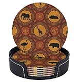 Posavasos Vintage de Piel con diseño Tribal de Animales de Safari africanos. Juego de 6 Posavasos Redondos de Cuero con Soporte. Resistentes al Calor, Ideales para Proteger la Mesa, Decorar la Cocina