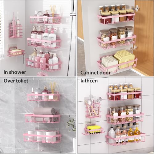 Image of Liuoud 10 Pack Shower Caddy Organizer Rack Shelf for Inside Shower, Self Adhesive Wall Storage Basket Rustproof Stainless Steel Shampoo Holder Bathroom Accessory Decor Set, Pink