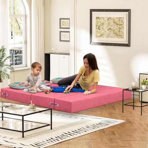 Image of Rosebell Foldable 3 Seater Sofa Cum Bed, Printed Sofa Bed 5X6 Feet, Washable Cover- Perfect for Home & Office - Rose Pink Color for Home
