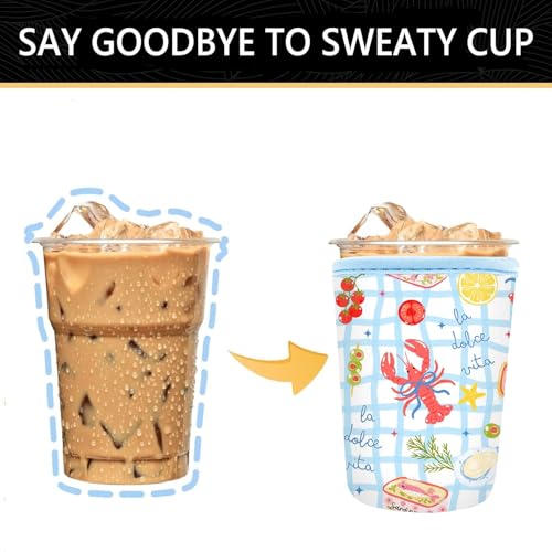 Image of YR Reusable Neoprene Insulator Sleeve for Iced Coffee Cups, 3 Pack Coffee Coolies sleeves for Iced & Hot Drinks, Cold Beverage Cooler Compatible with Starbucks Coffee and More (Lobster)