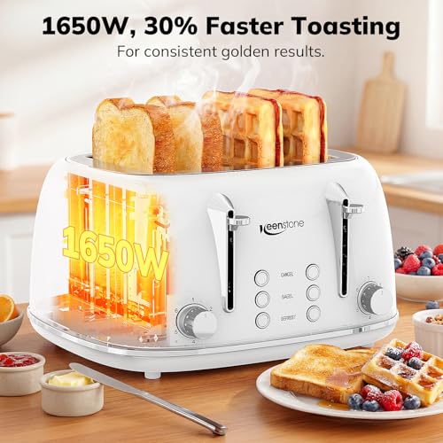 Image of Keenstone Toaster 4 Slice, Retro Stainless Steel Wide Slot Toaster with Dual Independent Controls, 6 Browning Levels, Bagel, Defrost, Reheat & Cancel, Removable Crumb Tray, White