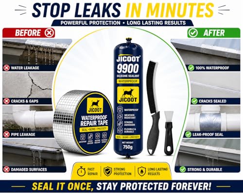 Image of 9900 Waterproof Silicone Sealant & Aluminum Repair Tape Kit, Heavy-Duty Universal Adhesive for Roof, Pipe, Gutter, RV & Outdoor Leak Repair, Strong Weather-Resistant Bond, 750g