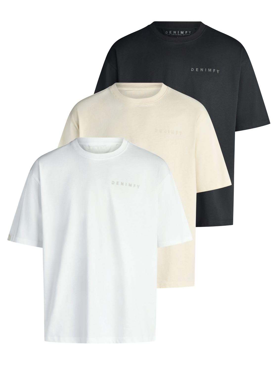 DENIMFY Tshirt Herren Relaxed Fit DFTed 3er Set Pack Rundhals Kurzarm | Sommer Tee Shirt Logo Druck Schwarz Weiß Beige Blau Grün Grau S M L XL XXL 3XL 4XL 5XL