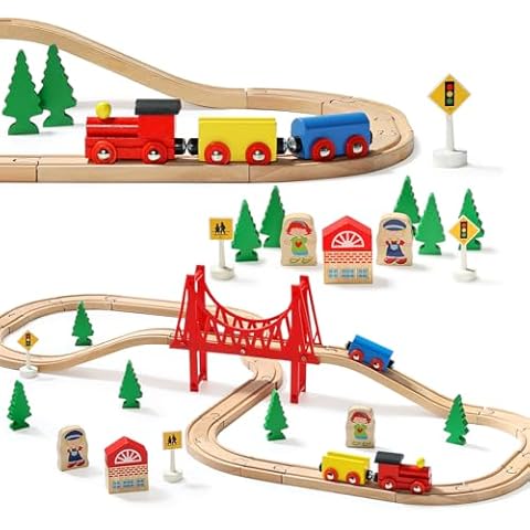 SainSmart Jr. Wooden Train Set - Interactive Police Playset for Kids | Building Toy with Train, Figures & Accessories | Compatible with Brio, Thomas, Melissa and Doug | Educational STEM Gift (Village) Cover