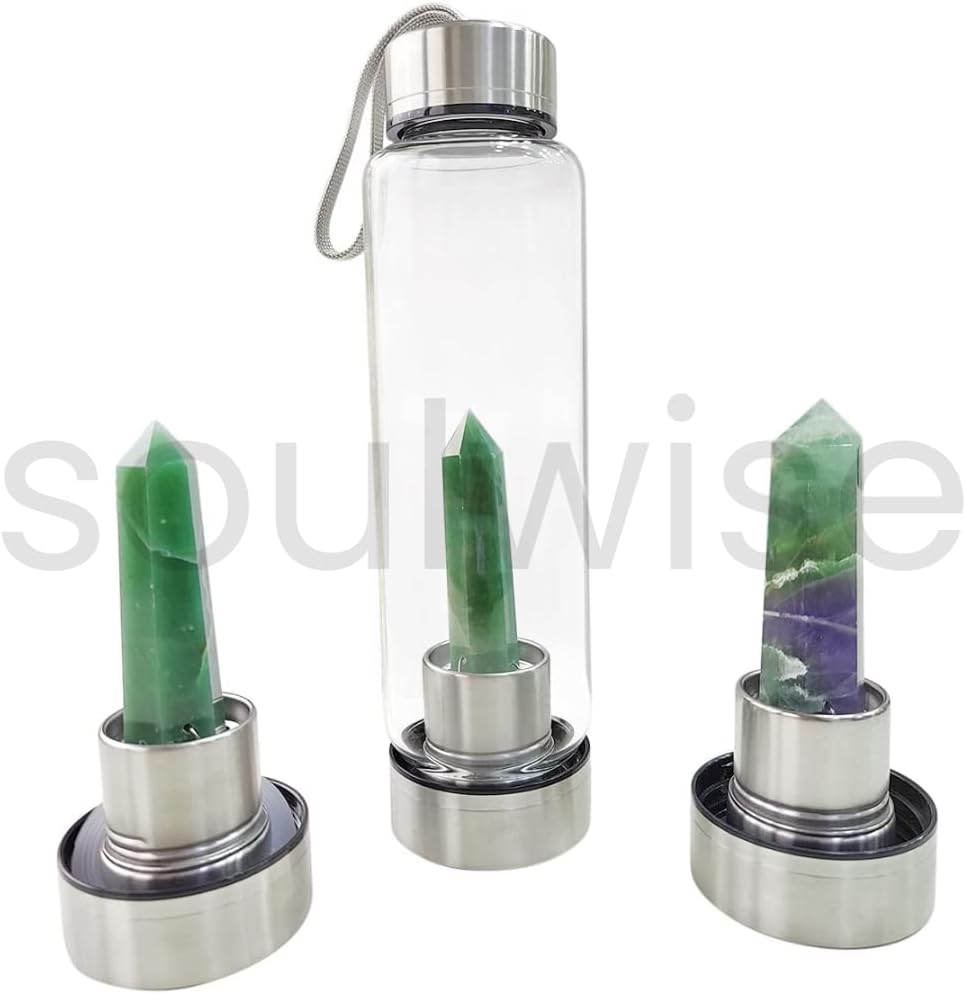 Soulwise Green Aventurine Crystal Water Bottle 500 ml with Natural Crystal Infuser Leakproof Glass Bottle Stainless Steel Cap for Gym Office Travel
