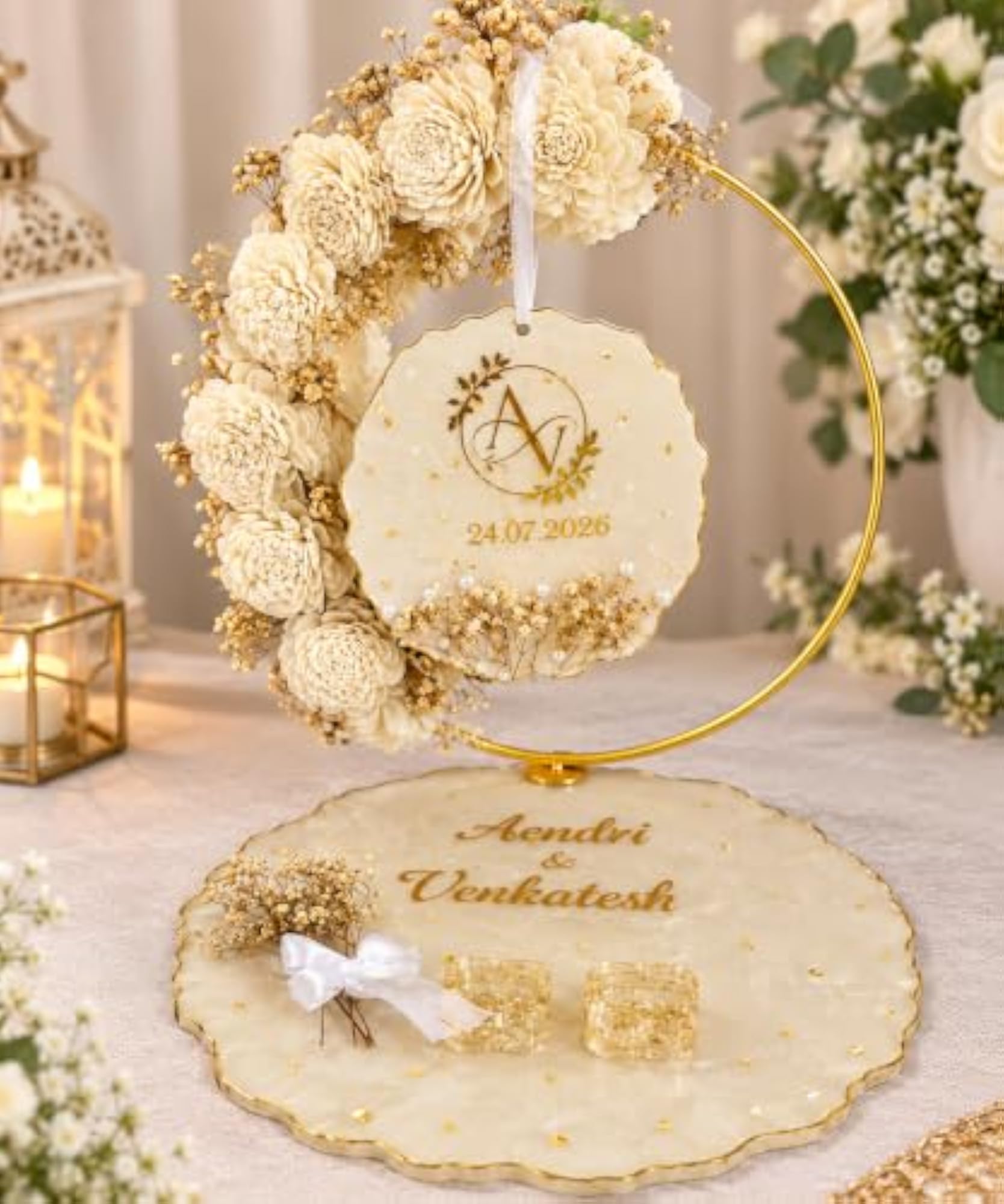 Customized 10 Inch Resin Double Engagement Ring Platter