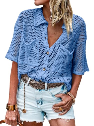 Image of Fisoew Womens Crochet Lightweight Cardigan Sweaters Short Sleeve Summer Button Down Collared Loose Cover Up Shirts