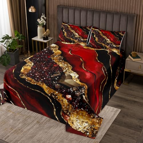 Homewish Marmor Steppdecke Gold Dunkelrot Steppdecken Ästhetik Marmorierung Tagesdecke 220x240cm Aquarell Abstrakt Tagesdecken für Kinder Jugendliche Zimmerdekor 2 Kissenbezüge Mikrofaser