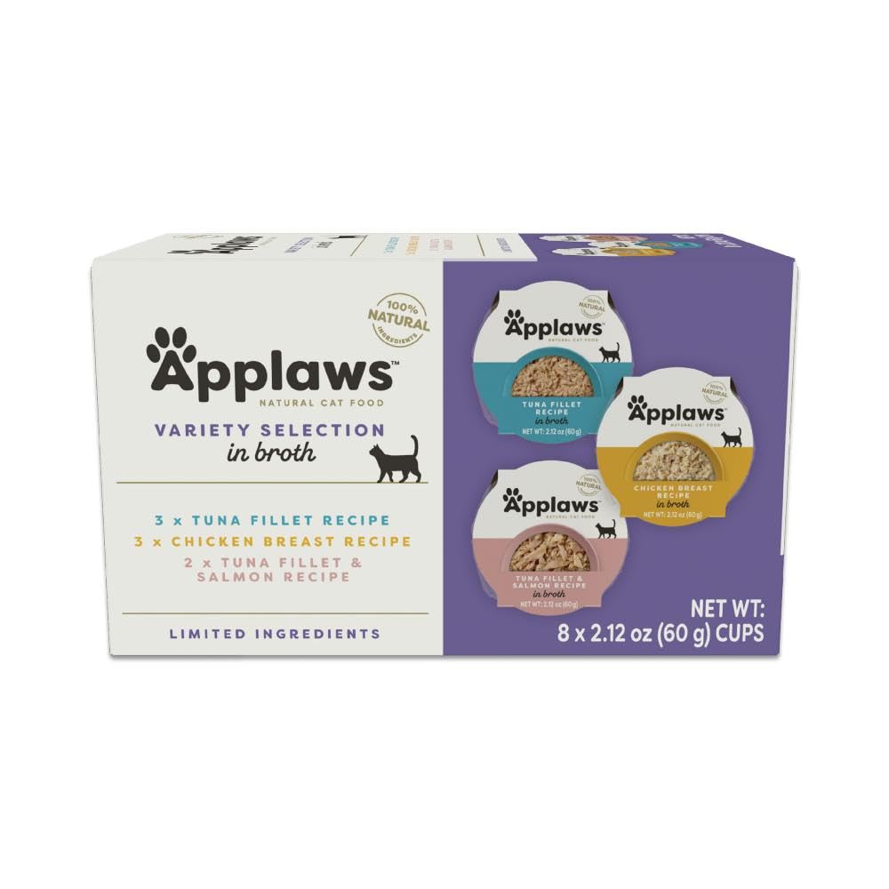 Applaws Natural Wet Cat Food in Broth, Limited and Natural Ingredients, High Protein with No Artificial Additives, Variety Pack in Broth (8 x 2.12 oz Easy-Open Cups)