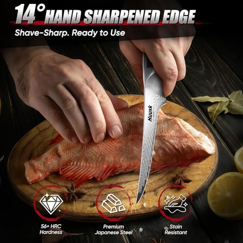 Image of Huusk 7 inch Fillet Knife for Fish, Boning Knife for Meat, Gift for Chef | Flexible Fish Filleting Knife for Salmon, Ultra Sharp Deboning Knife for Meat Cutting Processing, Stainless Full Tang Blade