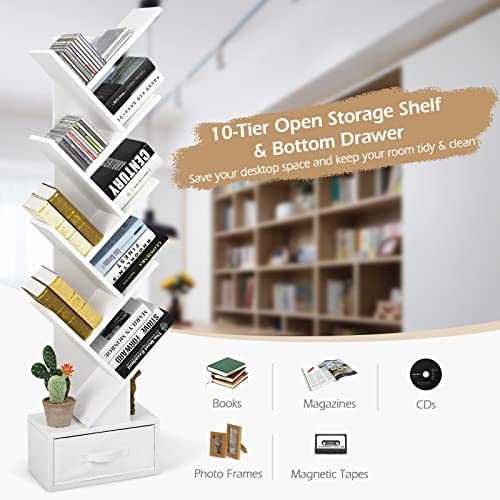 COSTWAY Tree Bookshelf, 10-Tiers Floor Standing Wooden Bookcase Storage Shelving Unit, Narrow Magazine Book Display Rack for Living Room, Bedroom and Office (White, with Drawer) - Image 5
