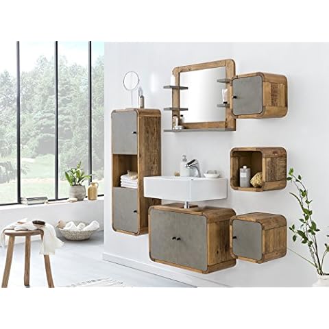 Woodkings® Badmöbel Set Dingle Holz Pinie rustikal und Betonoptik grau Badmöbel hängend Cover
