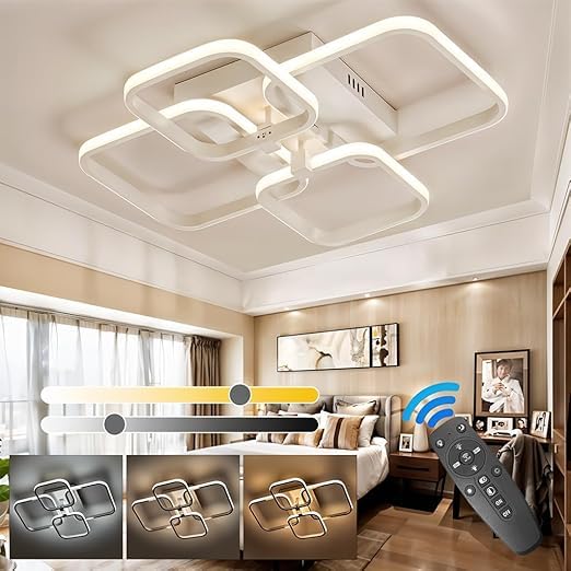 Image of LED Ceiling Light with Remote Control, White Acrylic Modern 3-Color Ceiling Light Flush Mount for Living Room, Bedroom, 58x45x12cm