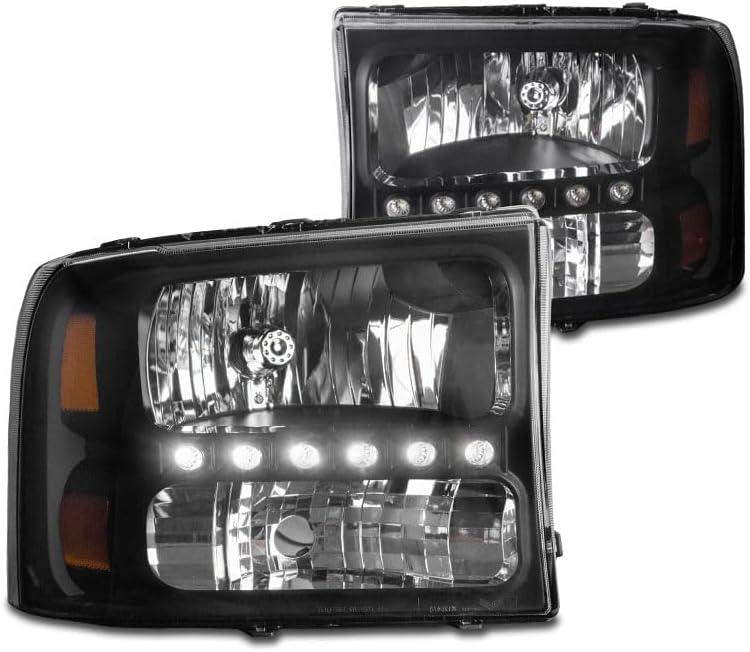 LED DRL Headlights Lamps Black Compatible with 1999-04 F-250 F-350 F-450 Super Duty/2000-04 Excursion