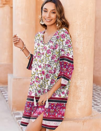 Image of Zeagoo Womens Boho Dresses Casual Beach Summer Dress Tassel Tie Neck 3 /4 Long Sleeve Mini Sundress 2026 Floral Print Cover Up