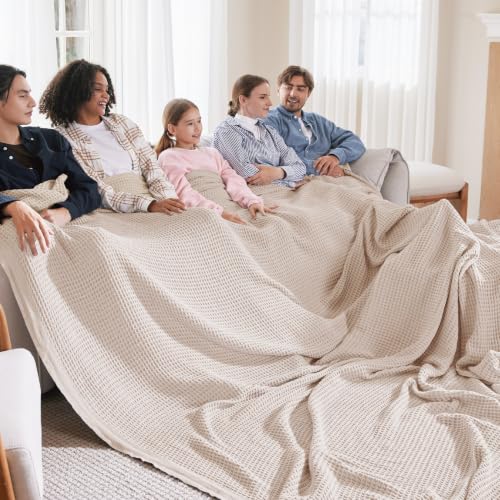 Image of Bedsure 100% Cotton Big Oversized King Blanket, Waffle Weave, Beige