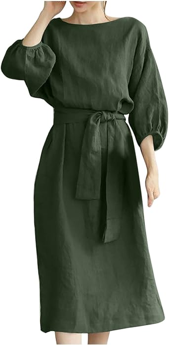SHOPESSA Linen Dresses for Women 2024 Casual Solid Color Work Dress Long Sleeve Tie Waist Knee Length Dress Boho Dress