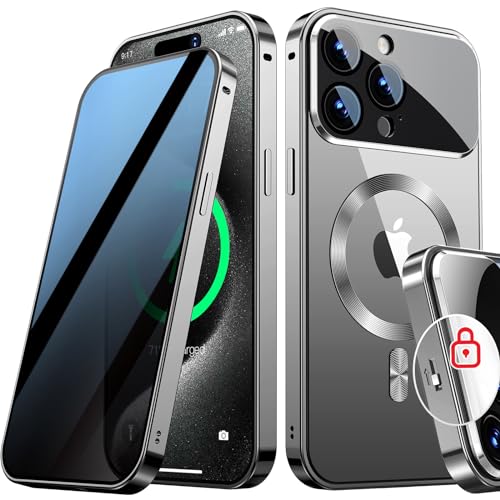SIYUKBM [Full Camera Protection& Mechanical Lock] Magnetic Privacy Case for iPhone 15 Pro Max[Compatible with MagSafe] [CD Metal Ring] Full Body Metal Bumper, 9H Anti Peeping Glass Cover-Grey