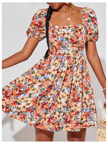 Floerns Girl's Floral Bow Backless Flowy Dress Square Neck Puff Sleeve Short Dresses2