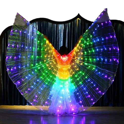 Reicyfang LED Belly Dance Wings with Stick, LED Isis Wings, Glow Light Up Belly Dance Costumes, LED Lights Belly Dance Isis Wings Carnival Rave Costumes Outfits(Adult Colorful)