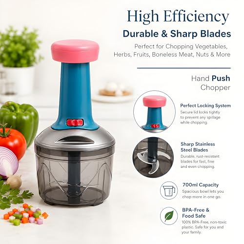 Image of iKAN Manual Hand Press Push Chopper with 3 Blades for Effortless Chopping Vegetables & Fruits (Assorted, 700 ml, Plastic)
