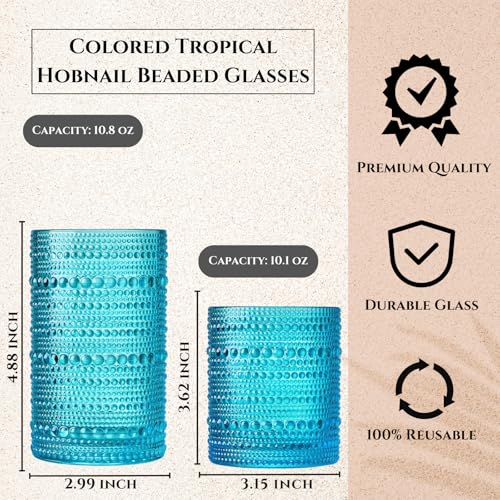 Image of Khen Hobnail Beaded Highball Drinking Tumbler Glasses | Set of 12 | Autumn Colors Vintage Bubble Design Whiskey Glassware, Old-Fashioned, Embossed Design Water, Wine, Cocktail Rocks Glasses
