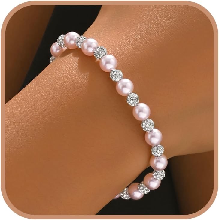 Pink Pearl Crystal Bracelet for Women 925 Sterling Silver Dainty Cubic Zirconia Ball Bracelet to Daughter Mom Elegant Sparkling Pearl Alternating Bead Chain Wedding Birthday Mothers Day Jewelry Gifts
