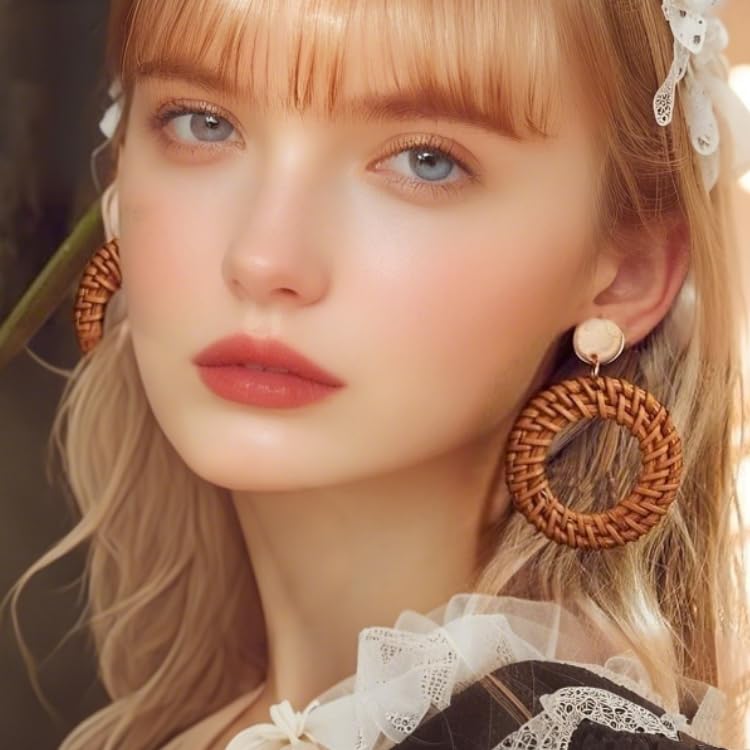 Image of 4 Pairs Handmade Raffia Rattan Bohemian Round Drop Dangle Earrings for Women, Boho Statement Cute Fun Hoop Earrings Set