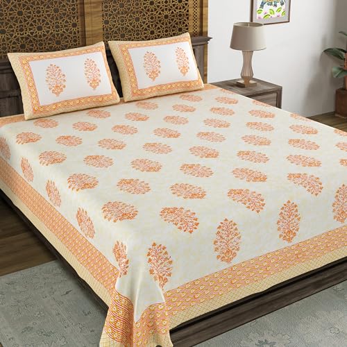 Image of BLOCKS OF INDIA Hand Block Printed 200 TC Cotton King Size Bedsheet (Orange Pot)