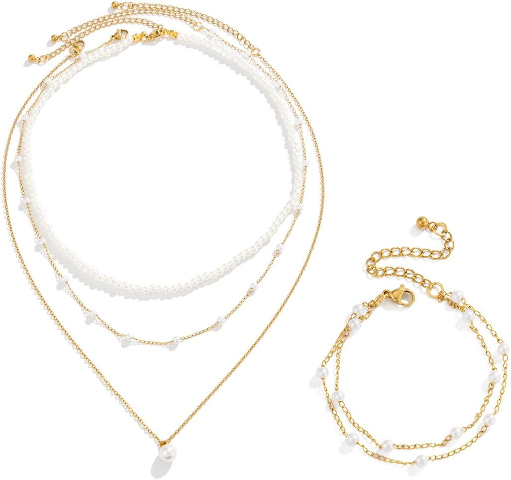 Pearl Necklaces for Women Dainty Layered Pearls Necklace Bracelet Sets Gold Stainless Steel Bracelets Necklace Stack Jewelry Set