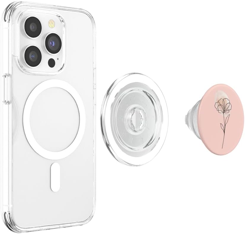 Boho Line Art Pink Poppy Flowers Brown Pastel Minimalistic PopSockets MagSafe PopGrip for iPhone
