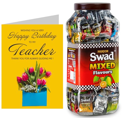 Image of Swad Happy Birthday Teacher Gift with Card (Swad Mixed Flavours Candy 200 Jar & 1 Greeting card) 2 units