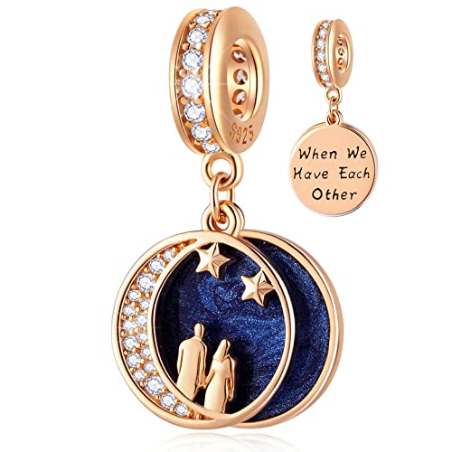 Rose Gold Lover Couple on Crescent Moon Star Dangle Charms, Fit Pandora Wedding Anniversary Bracelet, 925 Sterling Silver CZ Necklace Beads, Gift for Valentines Day/Wife/Husband