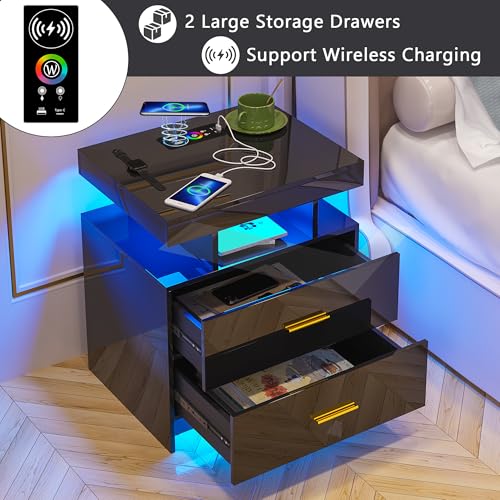 Image of HNEBC Auto LED Nightstands Set of 2,Modern Bedside Table with USB Ports & Wireless Charging Station,High Gloss Bedside Tables with 2 Drawers,Nightstands for Bedrooms /Living Room /Office (Black)