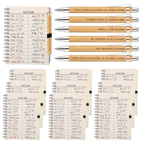 Sayglossy 10 Sets Book Lover Gift 6 Styles Book Club Bamboo Pens Library Card Spiral Journals Notebooks Graduation Thank You Appreciation Gift for Teacher Writer Reader Coworker Librarian Favor