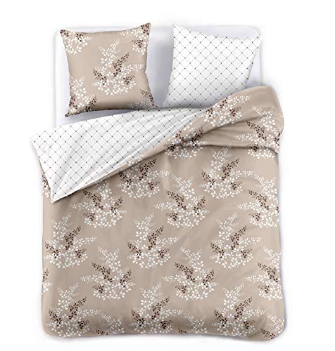 DecoKing Premium Ropa de Cama 220x240 cm 2 Fundas de la Almohada 63x63 cm Funda Nórdica Microfibra Flor Planta Beige Capuchino Marrón Chocolate Blanco Calluna Hypnosis Collection