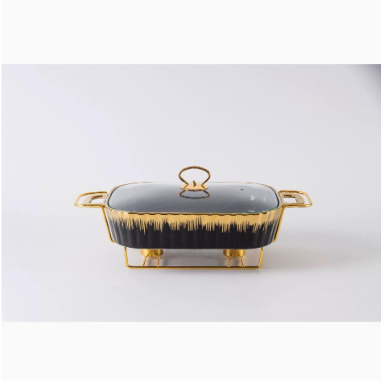 Scaldavivande in Ceramica Nera for Buffet | Piatto da portata riscaldato ad alcool con base in acciaio inossidabile dorato for buffet, feste(11 inch)