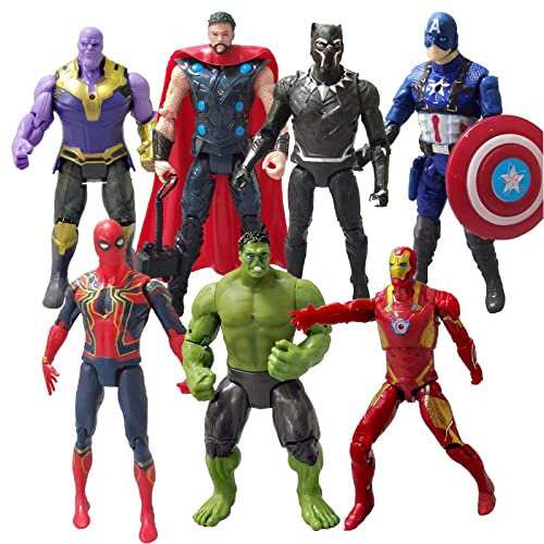 7 Pcs Marvel Avengers Toy Set Action Figures-Spiderman,Thanos, Hulk,Thor,Iron Man,Captain America,Black Panther Collectible Figures - Great Gift for Boys and Girls Obsessed with Character Collections
