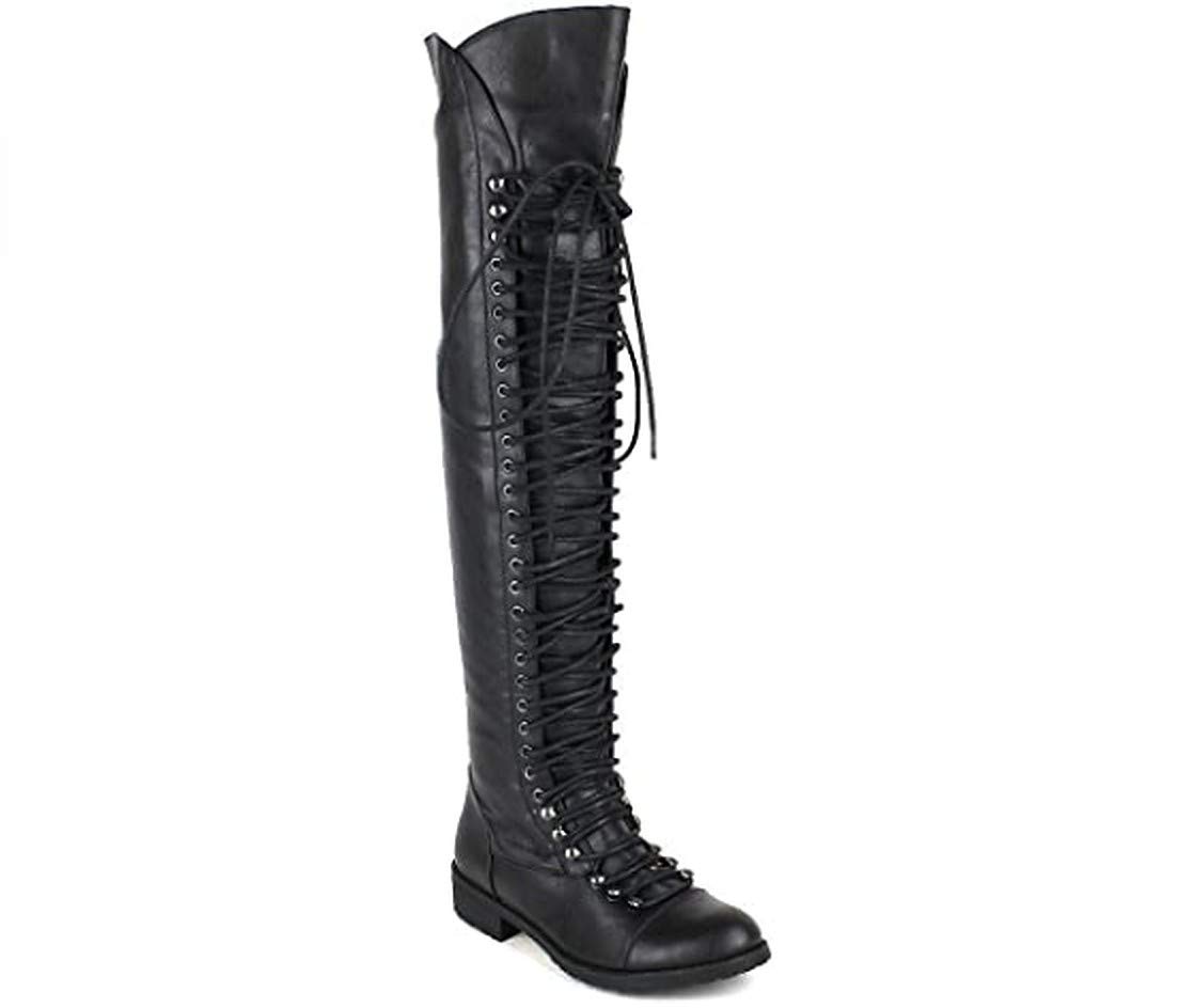 Mark and Maddux Women Leatherette Thigh High Lace Up Zip Combat Boot DH65 - B.