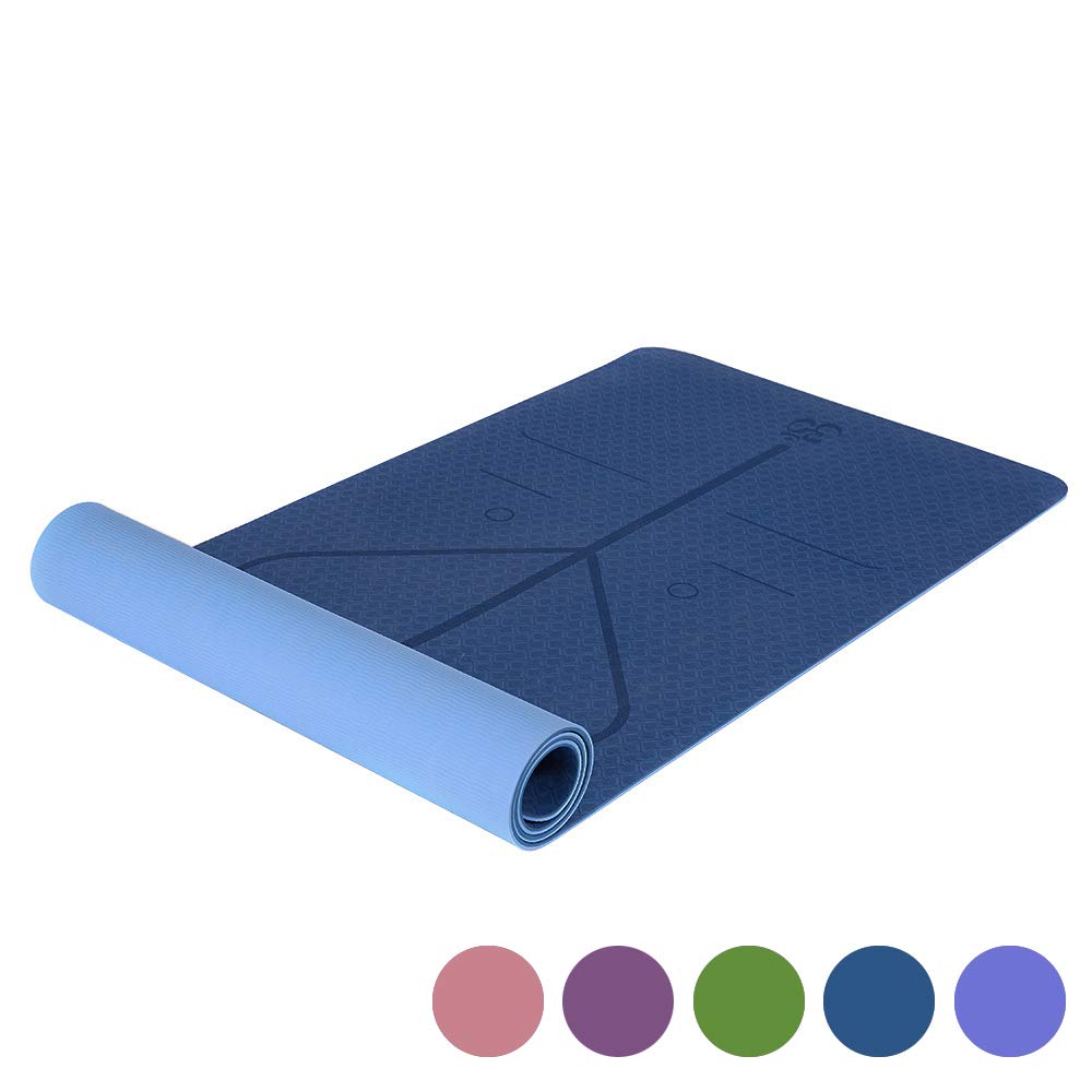 YOWEN Yoga Mat, 1/4 inch Pro Yoga Mats Extra Long Eco Friendly Non Slip Fitness Mat Exercise Mat Workout Mat for Pilates and Yoga with Body Alignment System (Dark Blue+Lake Blue)