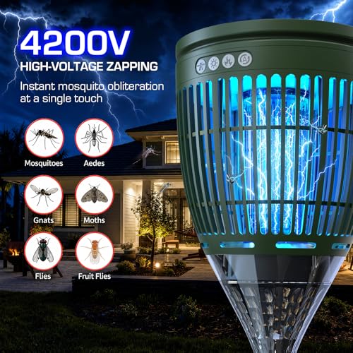 Image of Solar Bug Zapper Outdoor, Mosquito Zapper with Flame & Projector Light | Auto On /Off, Waterproof Cordless Mosquito Trap Solar Powered, 4200V Electric Fly Zapper Killer for Patio Yard Camping Garden