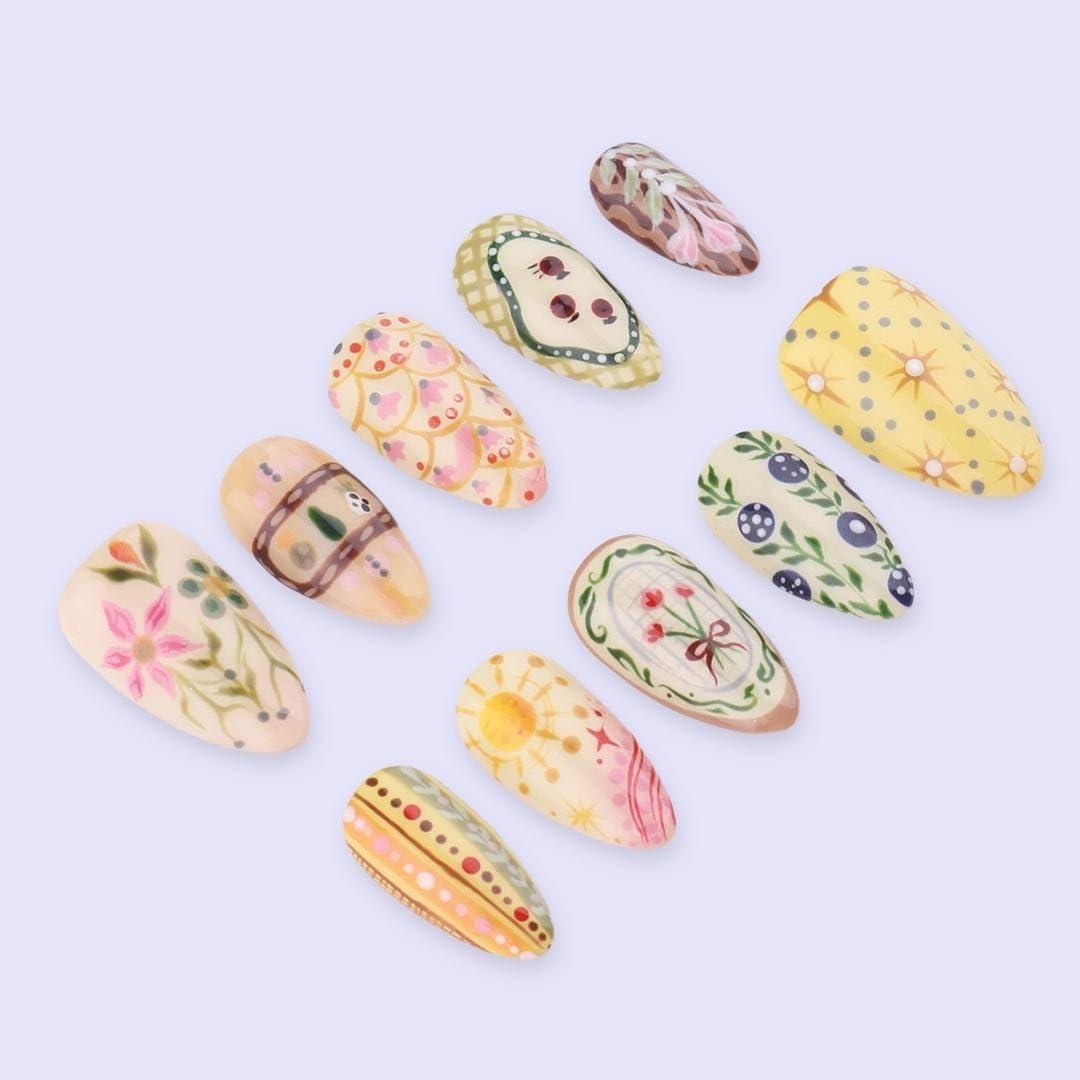 Handmade Yellow & Cream Gel Press On Nails, Hand-Painted Folk Art, Sun & Vintage Floral Patterns, Reusable Medium Almond Fake Nails with Prep Kit, Spring Cottagecore Festival for Women, 10 Pcs